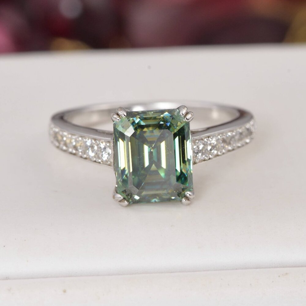 Certified 4ct Blue Green Emerald Cut Moissanite Engagement Ring 925 Sterling